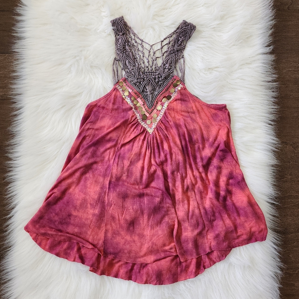 Free People Bohemian Embellished Macrame V-Neck Tank Top Size M